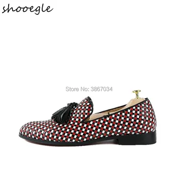 

Fashionable Men's Shoes Square Toe Tassel Red And White Grid Flat Shoes