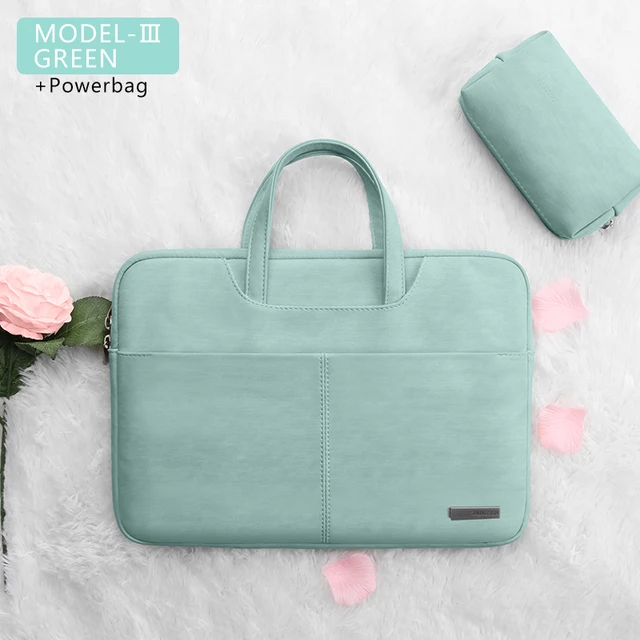 PU Leather women Laptop Bag Notebook Case Carrying Briefcase for Macbook Air 13.3 14 15.6 inch men Handbags shoulder sleeve Bag GREEN 3 SETS