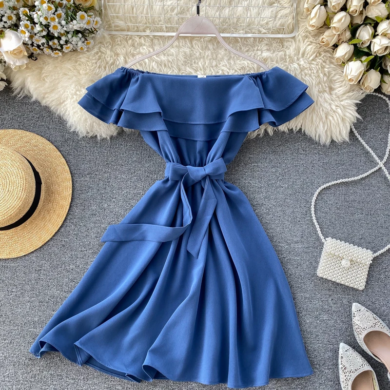 SINGRAIN Summer Women Off Shoulder Dress Bohemian Romantic Ruffle Sundress Party Holiday A-Line Retro Solid Chiffon Beach Dress