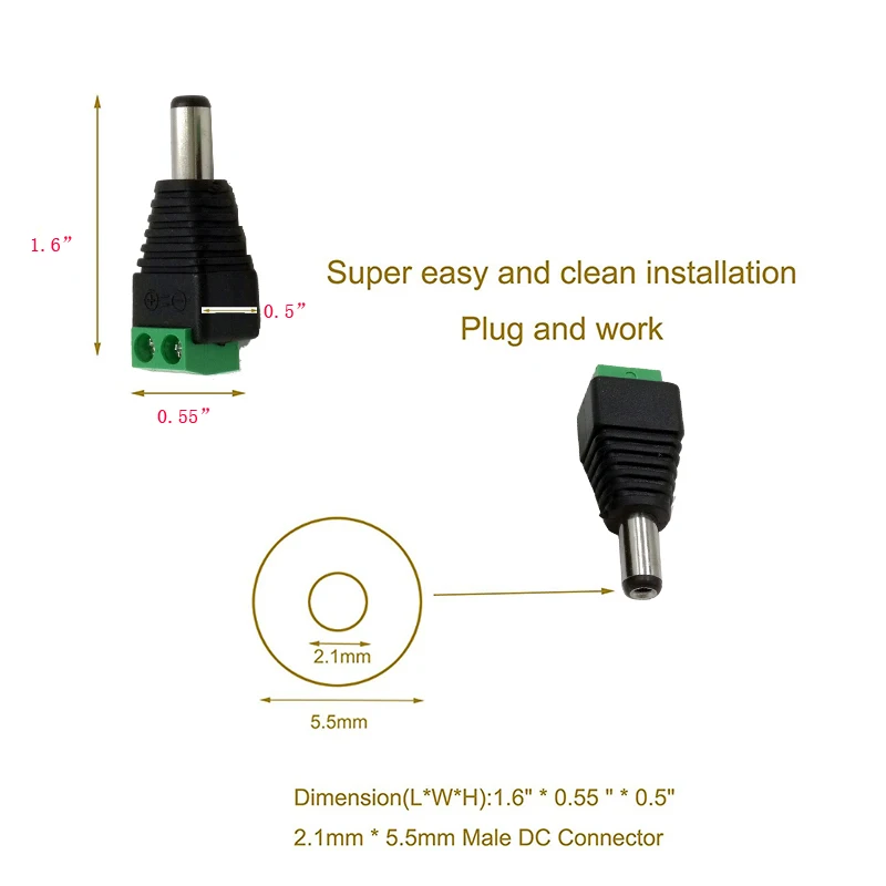 5.5 x 2.1mm DC Power Male Jack Connector Plug DC Male Adapter Plug Connector for CCTV Camera