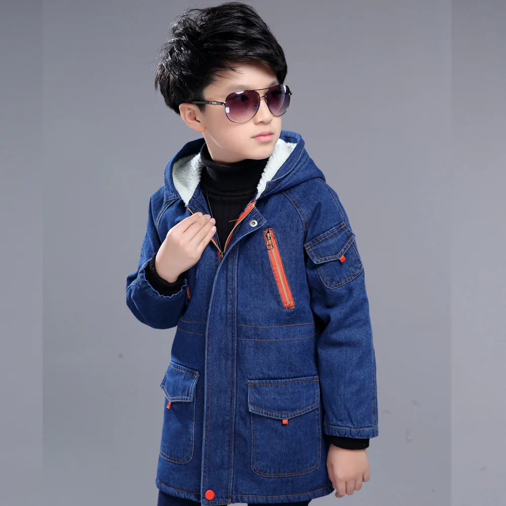 Джинсовая куртка для мальчиков новая детская одежда плюс бархатное плотное теплое пальто Детская Красивая ковбойская хлопковая куртка с капюшоном для малышей - Цвет: Dark Blue