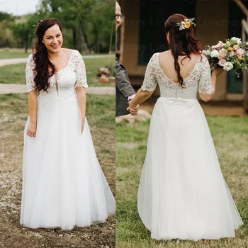 

Beach Half Sleeves Wedding Dresses A Line Scoop Lace Appliques Floor Length Button Back Boho Bridal Gowns Vestidos De Novia