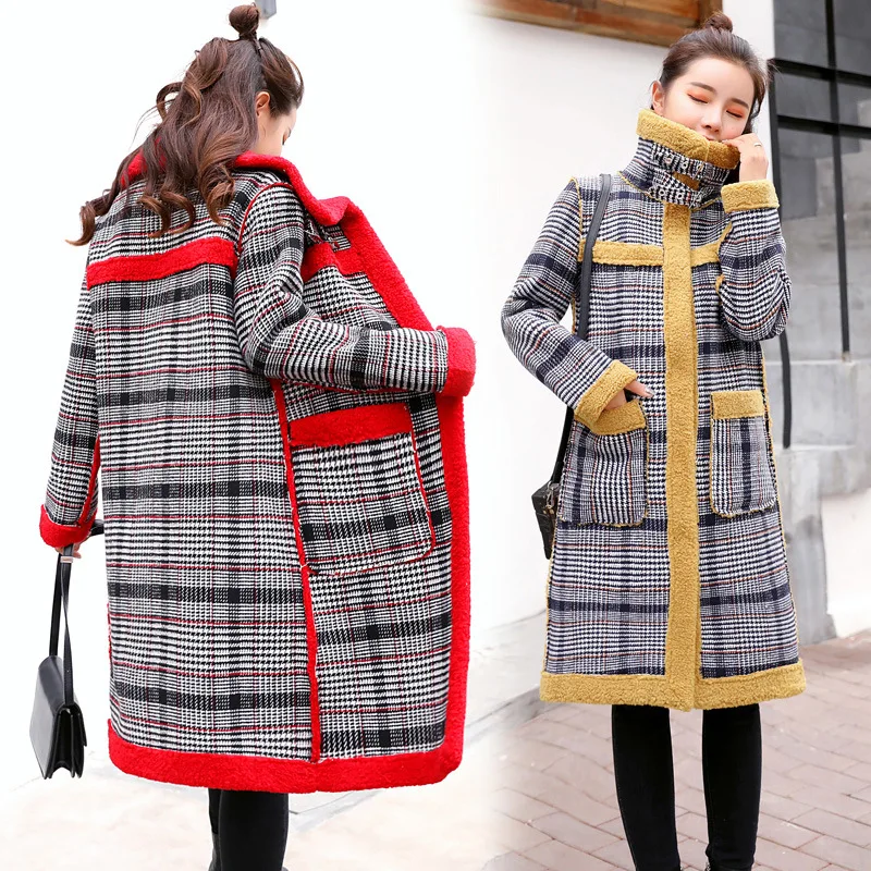 

Winter Lambs Wool Coat 2018 New Style WOMEN'S Dress Korean-style Brushed And Thick Plaid Cotton-padded Clothes Winter Mid-length