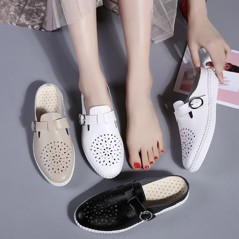 

2019 Summer New Style WOMEN'S Shoes Genuine Leather Buckle Comfortable Flat with Holes Breathable Anti-slip Porous Shoes