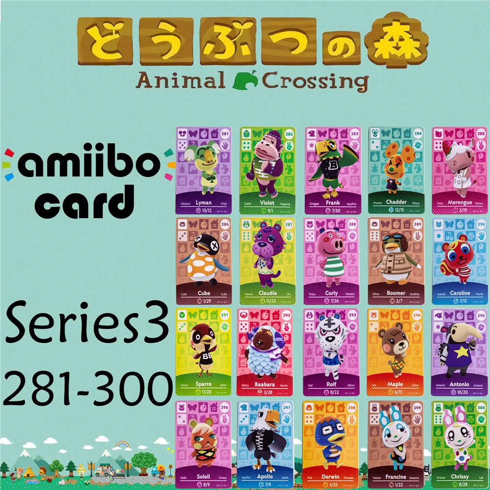 Animaux croisant véritable données nouveaux Horizons jeu Amiibo carte pour NS Switch 3DS jeu ensemble NFC cartes Series3 281-300 matériel mat