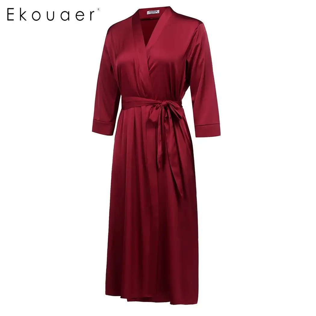 Ekouaer женский длинный халат атласная ночная рубашка кимоно халат v-образный вырез длинный рукав белье с карманом халаты