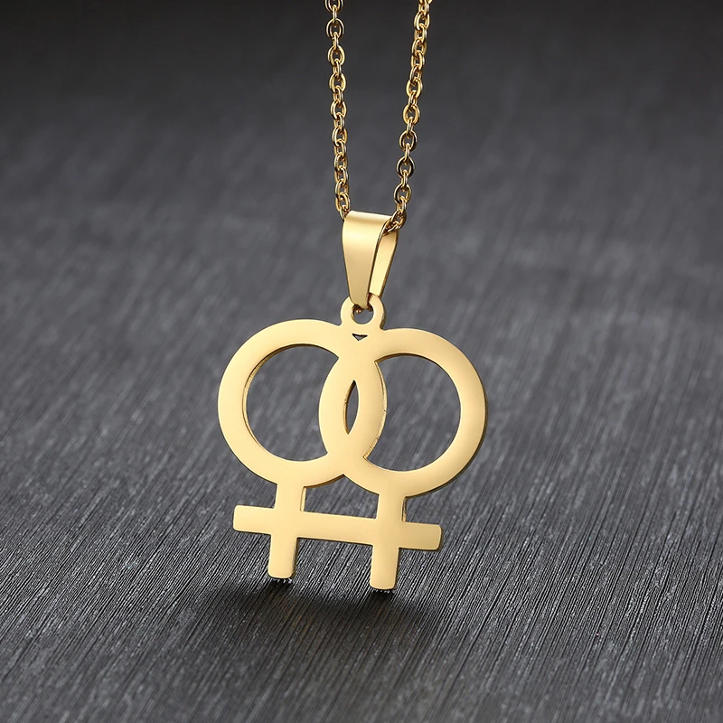 Double Female Symbol Three Tone Puzzle Metal Pendant Necklace Lesbian Pride #28