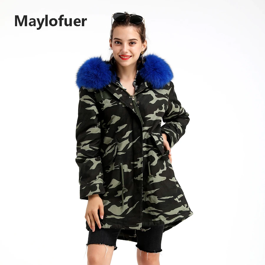 Maylofuer хорошая цена настоящий пуховик с мехом лисы камуфляжная женская куртка из натурального Лисьего меха пальто с капюшоном съемный Лисий меховой вкладыш