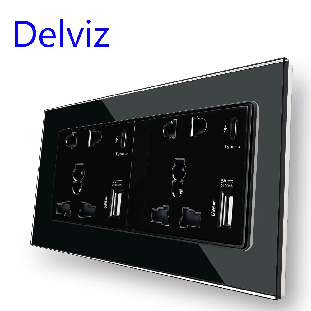 Delviz Type C Wall USB Socket, Crystal glass panel,2A USB Power port, Universal Dual Socket, 18W power Smart Quick Charge Outlet