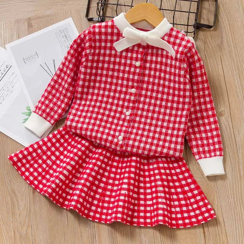 Bear leader/платье для девочек новое осенне-зимнее платье принцессы для девочек детский вязаный топ с длинными рукавами+ платье, детская одежда милый наряд - Цвет: Red AX1277