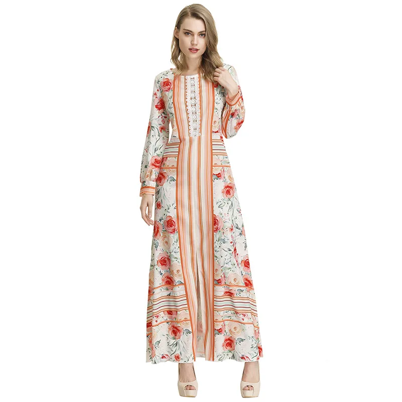 Women's Dress Long Sleeve Round Neck Flower Print Fashion Women's Dress Casual Long Dress Plus Size Vestidos Party Women Dress