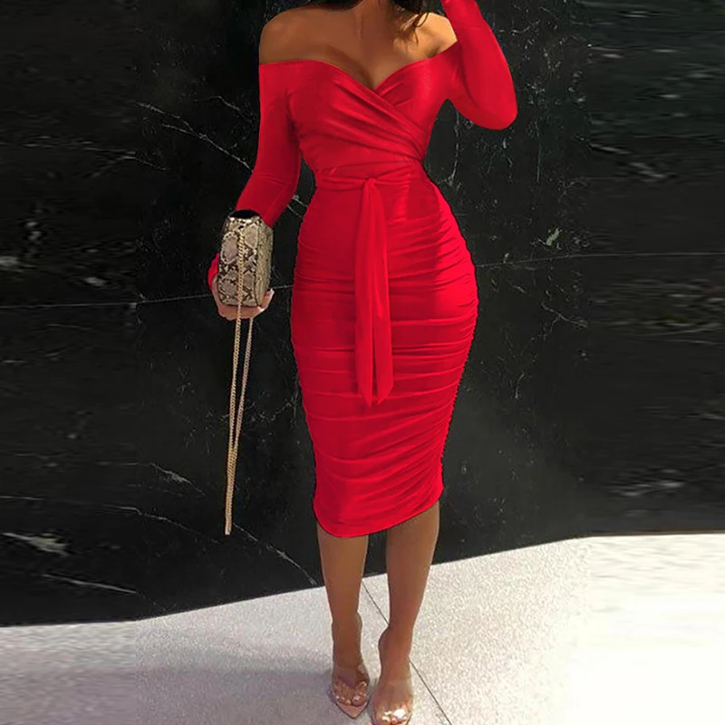Sexy Dresses For Women Elegant Long Sleeve Bodycon Dress Women Autumn Off Shoulder Lace Up Red Party Dress Casual Clubwear long sleeve maxi dress Dresses