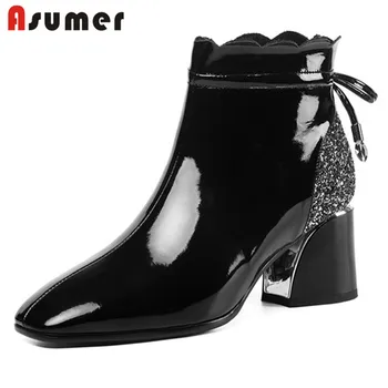 

ASUMER 2020 new arrival ankle boots women patent leather bowknot Sequin autumn winter boots high heels dress shoes ladies