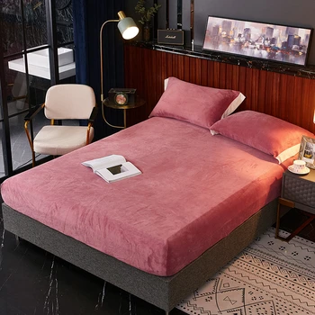 

Winter Bed Linen Solid Color Warm Fleece Fabric Fitted Sheet Pillowcase Queen King Size Soft Comfortable Bed Cover Bedspread