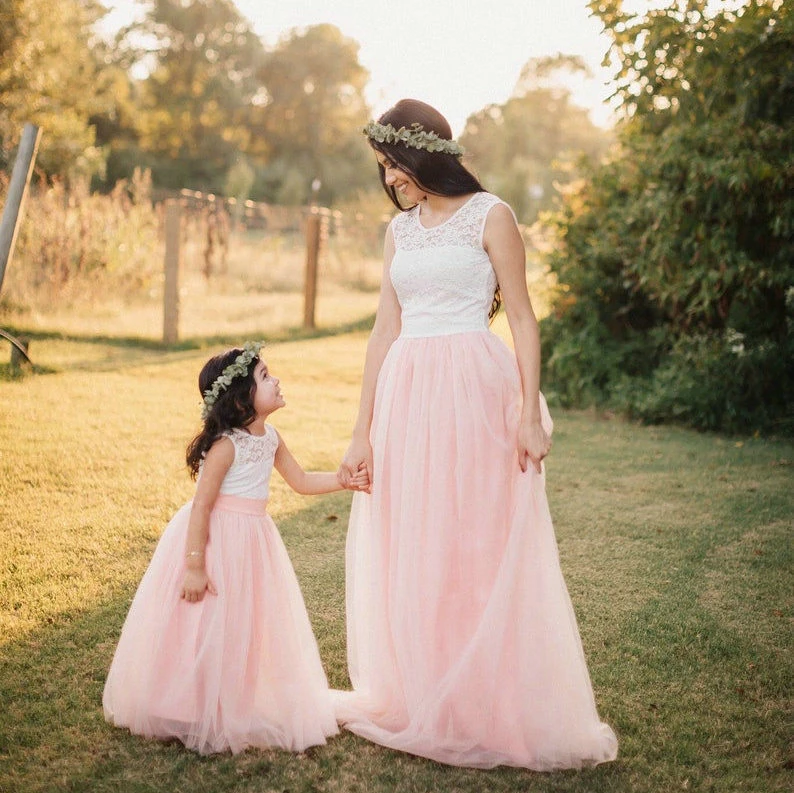 Vestido blanco de encaje para madre e hija, Vestido de fiesta de graduación rosa claro, línea A, esponjoso, A juego, elegante, nuevo|Vestidos graduación| - AliExpress