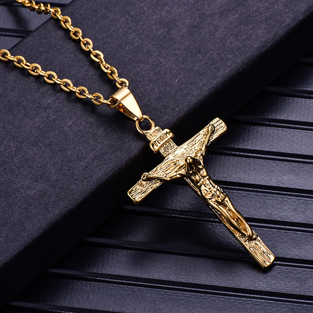 

Stainless Steel Gold Silver Color Men Women Jesus Cross Waterproof Pendant Necklace Hip Hop Male Crucifixion Prayer Gift Jewelry
