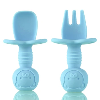 

2 Pcs Baby Training Fork Spoon Set Newborn Food Grade Silicone Feeding Tableware T5EC