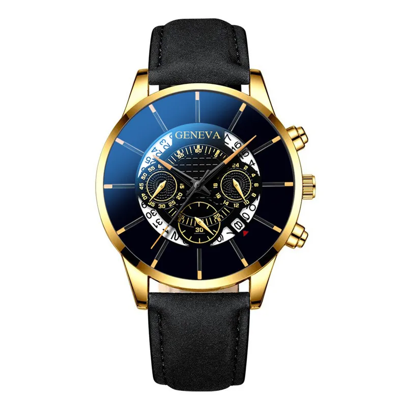 Reloj hombre часы Мужские Модные Военные Спортивные кварцевые наручные часы с кожаным ремешком Мужские деловые повседневные часы с календарем - Цвет: Gold Black