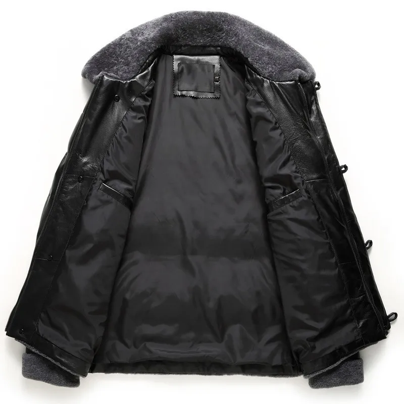 

Top Brand Motorcycle Biker Wool Collar Mens Down Jacket Slim Fit Genuine Leather Winter Warm Parka Business Man Outwear Coats