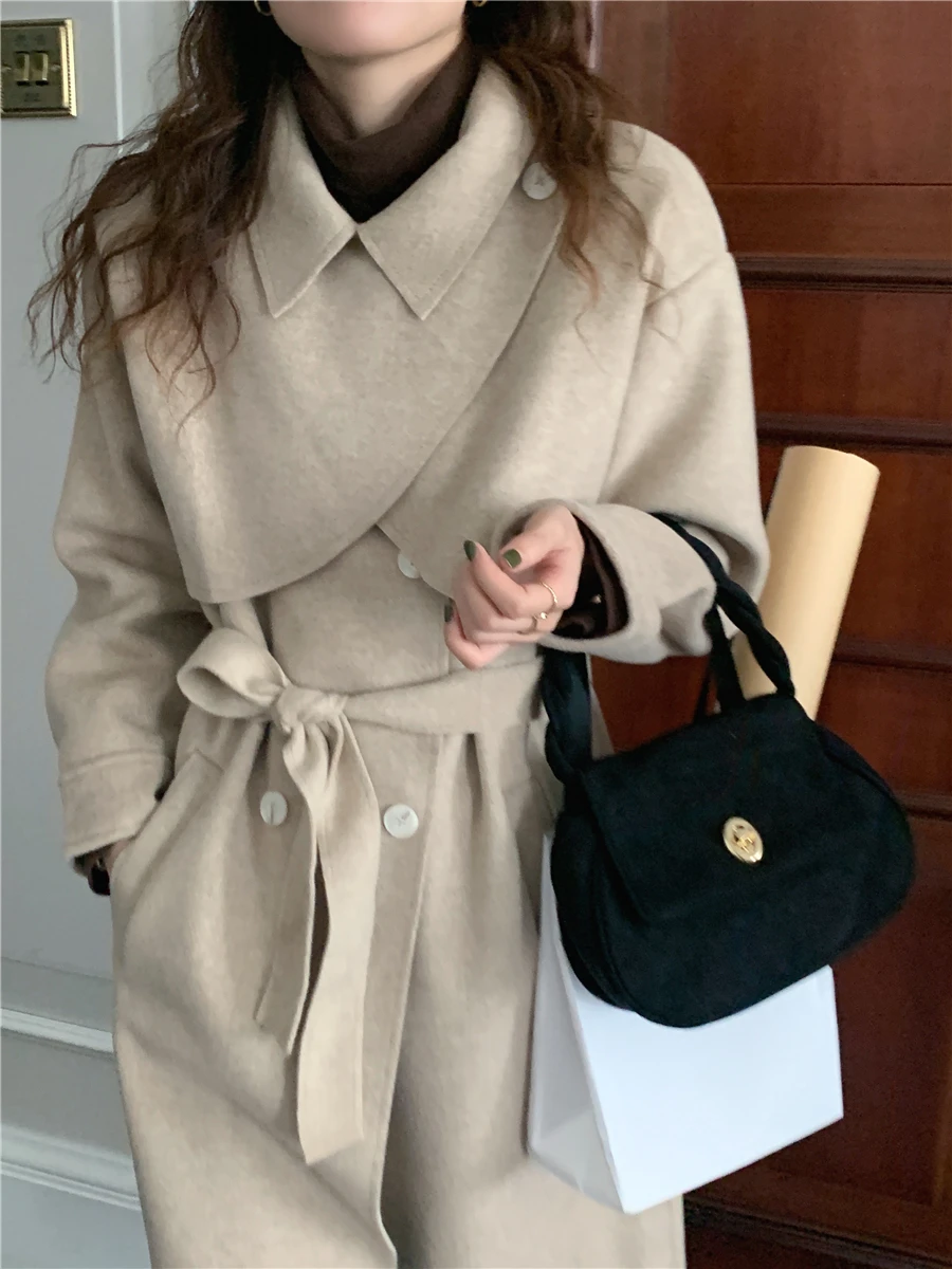 Vintage Lapel Detachable Shawl Faux Wool Blend Coats 2022 New Korean Long Jackets Two-piece Double-sided Woolen Coat bubble coat women