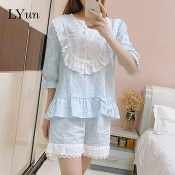

Senior texture home service women spring and summer cotton comfortable sweet princess Korean pajamas suit spring and summer wome