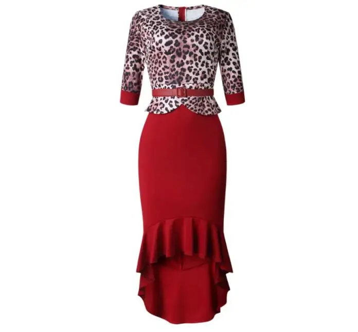 Леопардовое элегантное платье русалки, Осеннее женское Бандажное платье со средним рукавом и круглым вырезом, сексуальное платье размера плюс с поясом, Vestidos