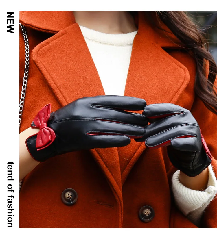 Перчатки женские Guantes из овечьей кожи с бантом стильные бархатные толстые теплые зимние варежки с сенсорным экраном ветрозащитные для езды на открытом воздухе G