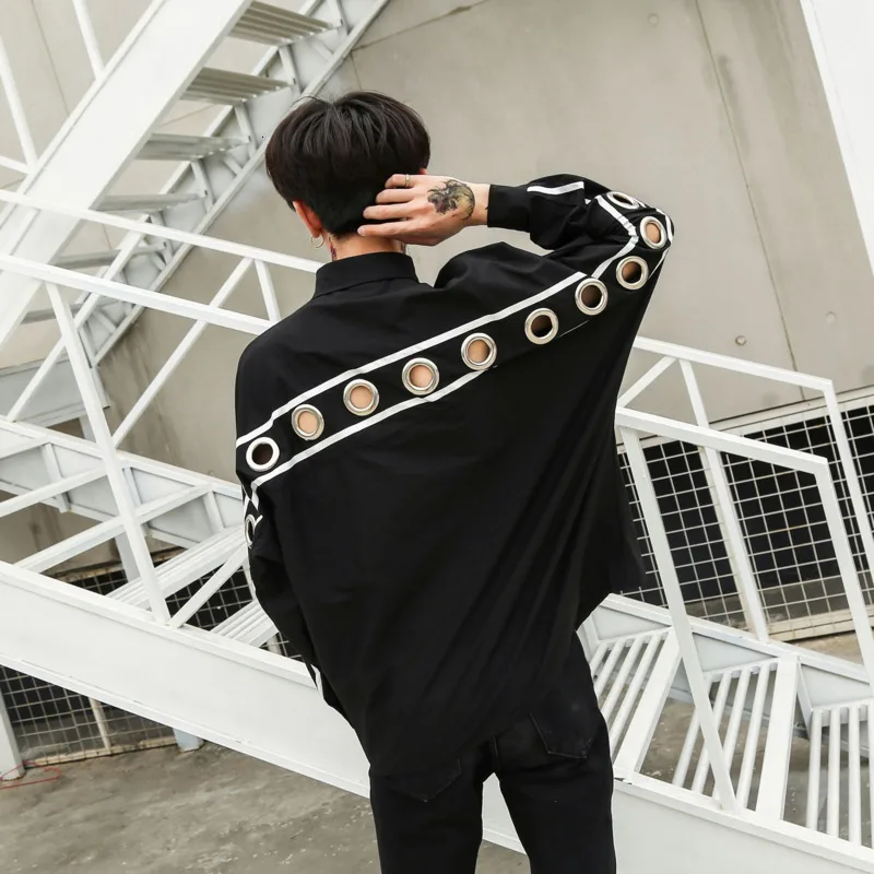 

Hip Hop Shirt Men Fashion Solid Color Casual Iron Ring Hollow Bat Sleeve Shirt Man Streetwear Loose Long-sleeved Shirts Male