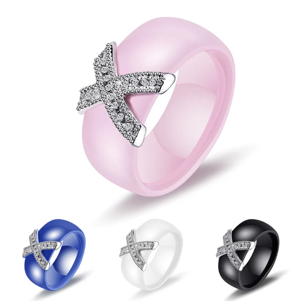 Fashion Jewelry Women Ring With AAA Crystal 8 mm X Cross Ceramic Rings For Wedding Party Accessories Gift Design |