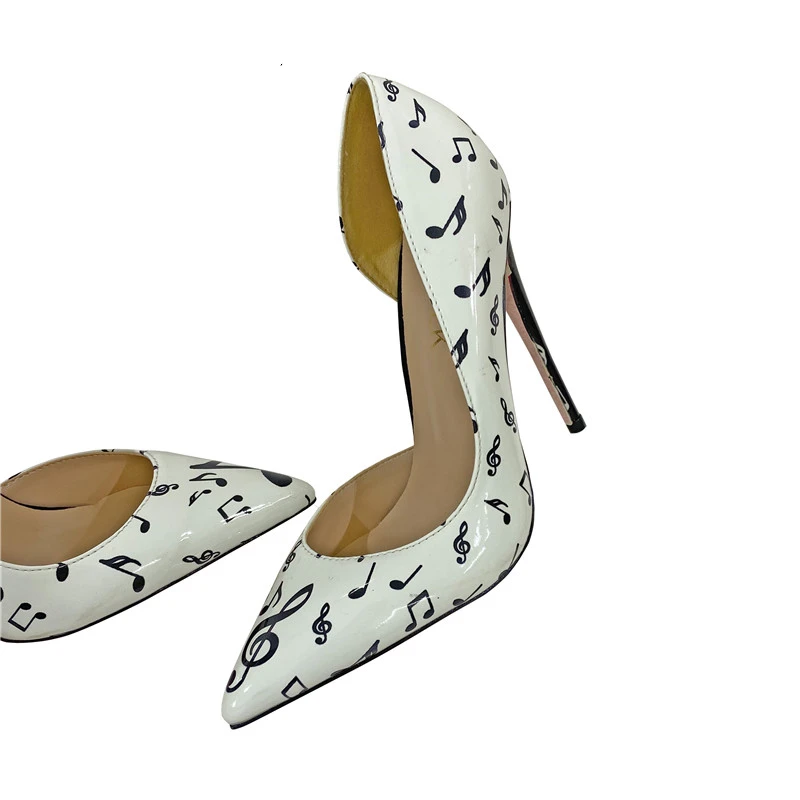 Ke Shang Jia Music Melody Print Women White Patent Pointy Toe High Heel Shoes Elegant Ladies Slip On Stilettos Chic Pumps