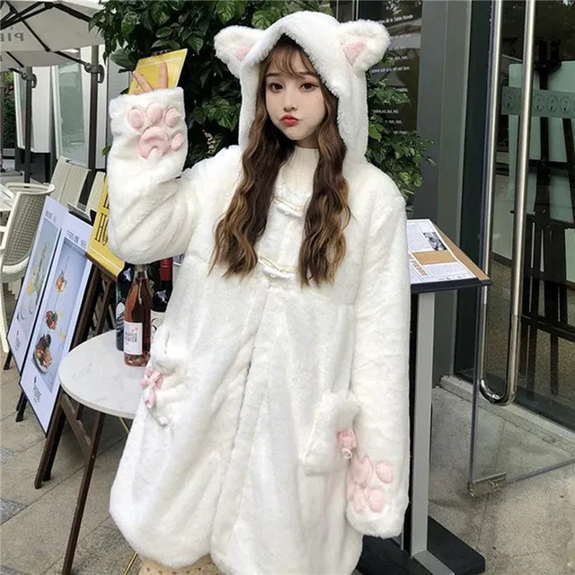 Women Cute Bunny Ear Fluffy Hooded Coat 