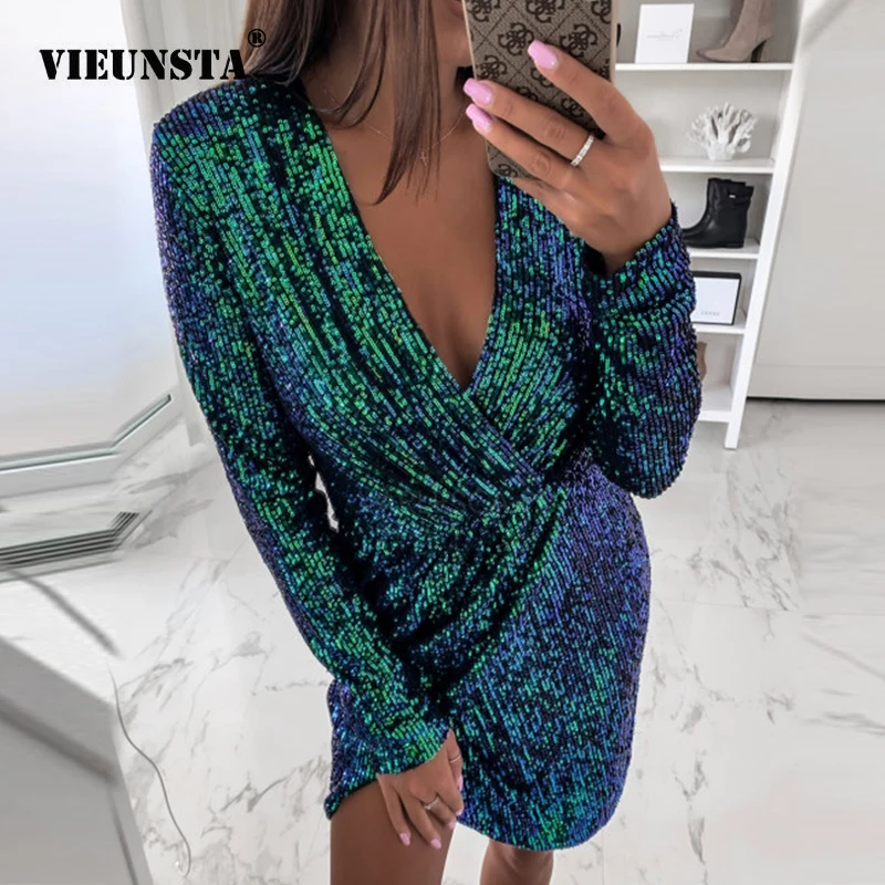 

VIEUNSTA Women Hollow Out V-neck Slit Bodycon Dress Autumn Sexy Sequin Glitter Shiny Mini Dress Winter Long Sleeve Party Dress