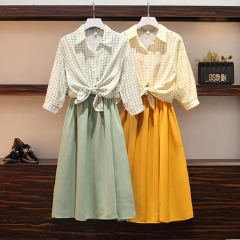 

Large Size Dress Sets Women's Outfits 2020 Summer New Sling Holiday Beach Sexy Dress +plaid Shirt Ladies Dresses Two-Piece Suit