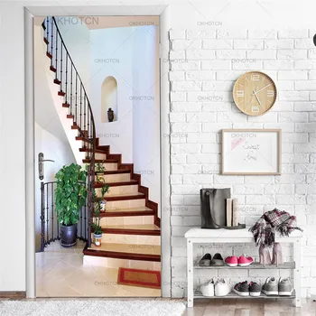 

3D Turn Stairs Door Wallpaper Creative Home Decor Door Sticker Vinyl Self-adhesive Stickers For Doors Removable DIY Renew Decals