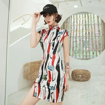 

Retro Fresh Banquet Performance Small Skirt Slim Daily Cheongsam Tight Elegant Dress Singer Layer Black and Red Qipao
