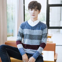 Осенний свитер мужской тонкий модный контрастный цвет Повседневный свитер с v-образным вырезом Пуловер мужской полосатый свитер с длинными рукавами мужская одежда