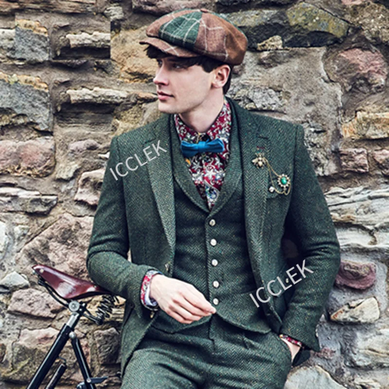 3 Pieces Tailor Made Notched Lapel Herringbone Suits Mens Business Winter Fall  Slim Fit Wedding Dresses Groom Groomsman Tweed