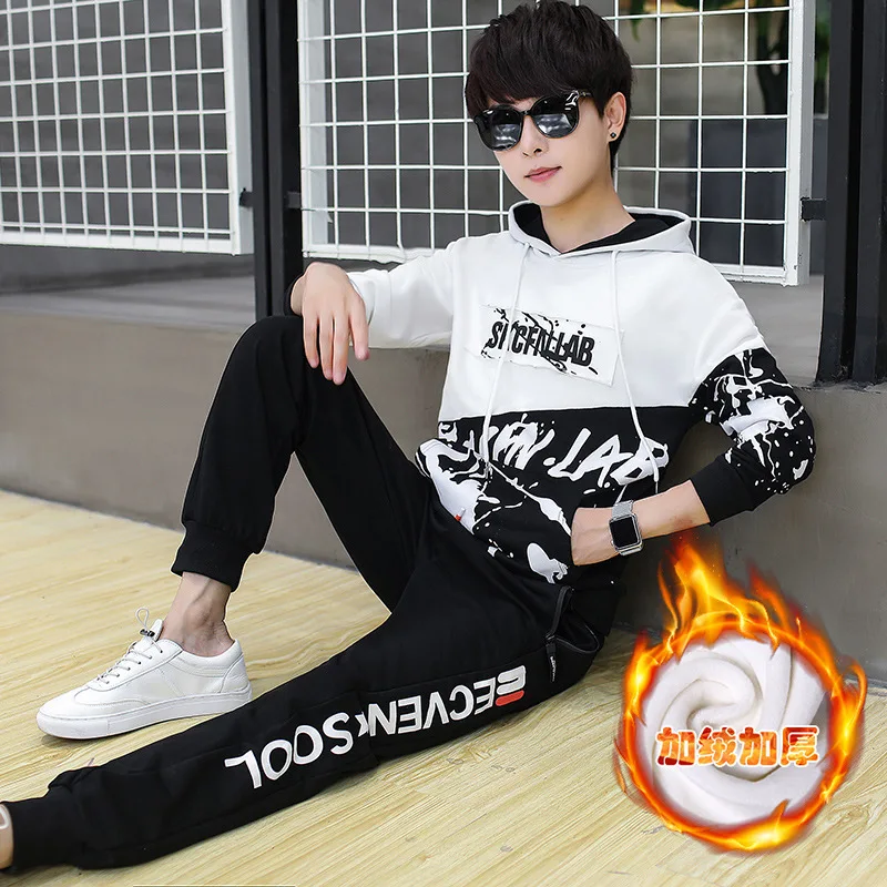 

Brushed And Thick 15 Teenager Big Kid 12 Handsome a Set of Junior High School Students Winter Hoodie 13-Year-Old Boy Set 14