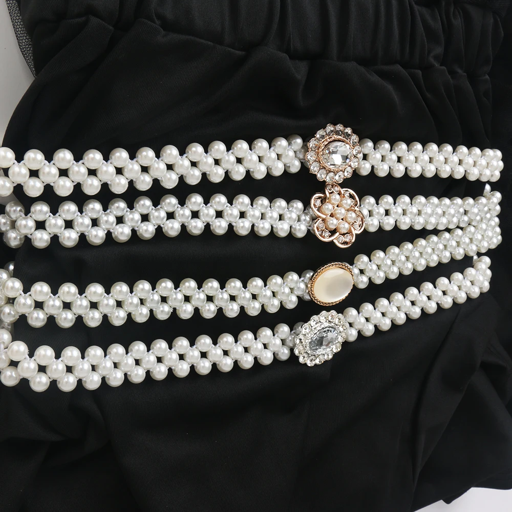 Rhinestone Buckle Weave White Pearl Belt Crytle For ladies girl Elasticity Waist Fit for Waist circumference less than 80cm