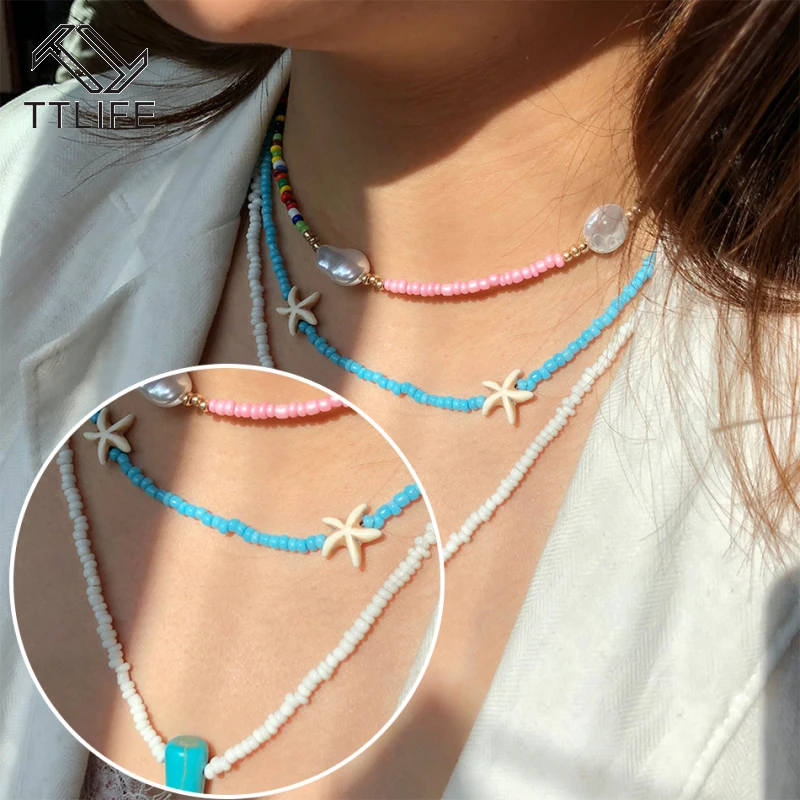 

TTLIFE 2020 Pendant Necklace Bohemian Jewelry For Women Necklace Handmade Beads Stones Pearls Multi Strand Necklace Set Gifts