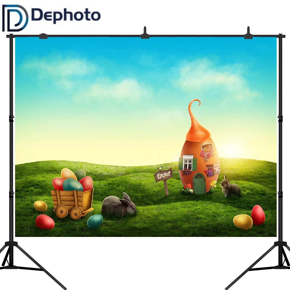

Dephoto Photography Backdrops Easter Cartoon Fairy Tale Eggs House Rabbit Grass Flower Children's Photo Background Studio props