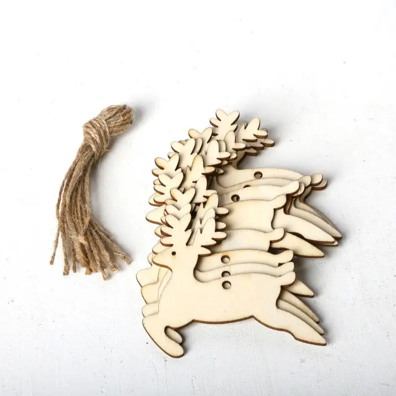 

10pcs/set Christmas Deer DIY Wooden Pendant Hanging with Linen Ropes Ornament Crafts Party Home Decor