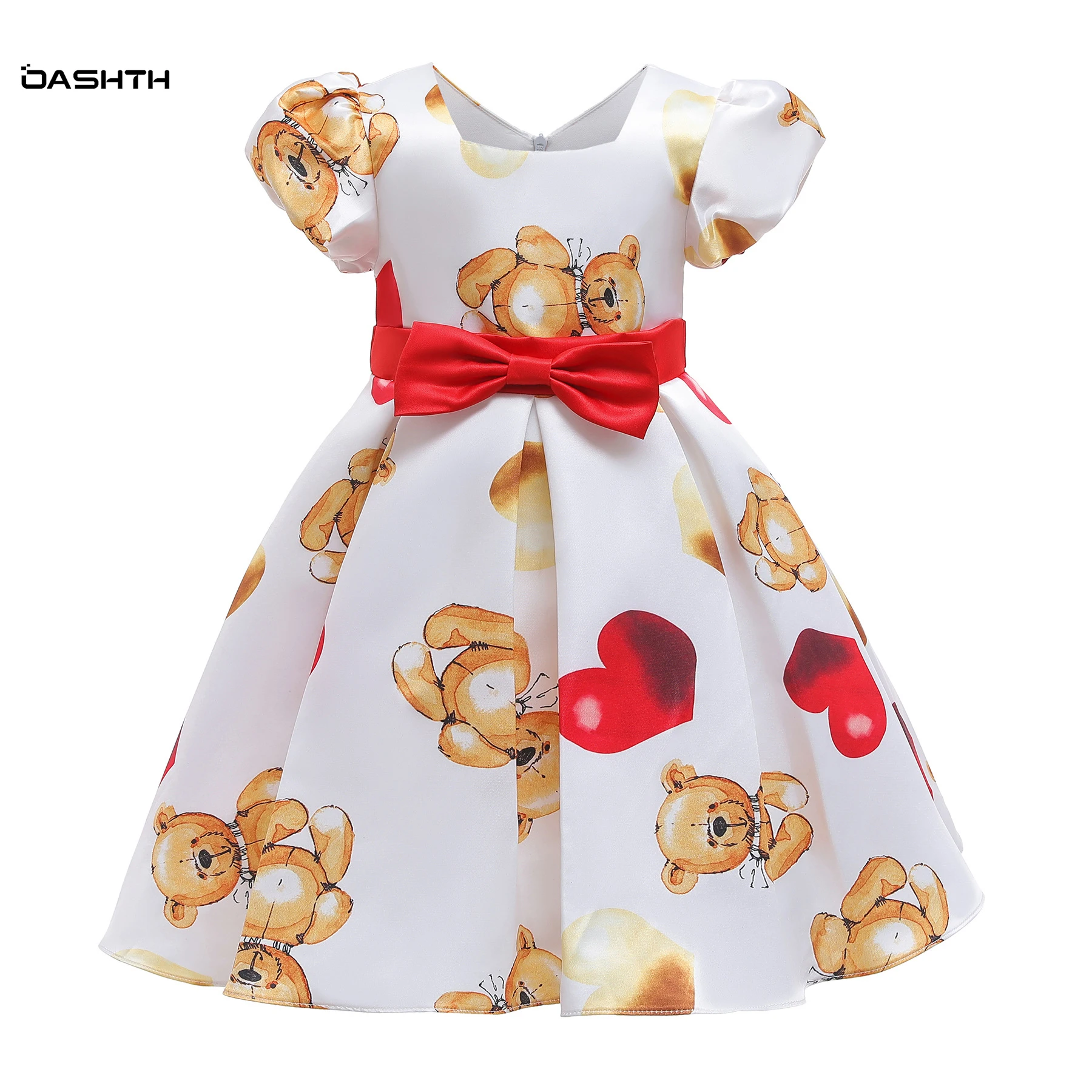 

Новинка, детская юбка OASHTH, платье с пышными рукавами для девочек, платье с принтом медведя в форме сердца, юбка