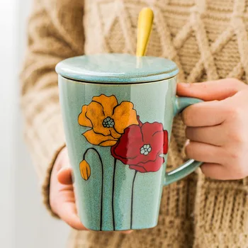

Nordic Vintage Ceramic Mug Creative Coffee Cup with Lid Spoon 520ml Large Capacity Household Milk Juice Mugs Office Drinking Cup