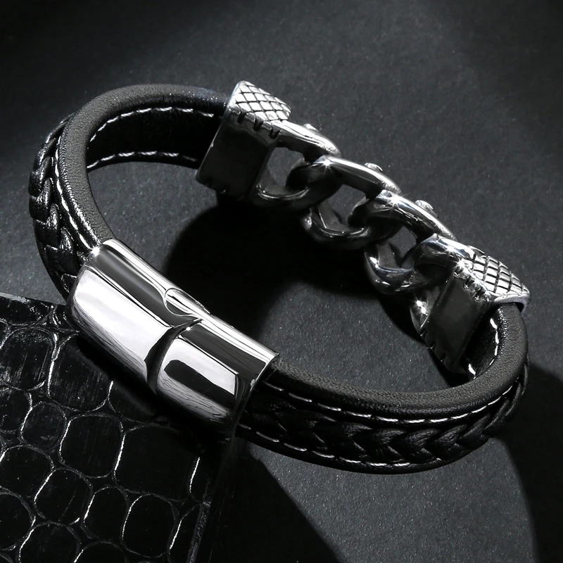 Leather Bracelets Men Black Stainless Steel Charm Magnet Buckle Rough Cross Punk Bangles Jewelry