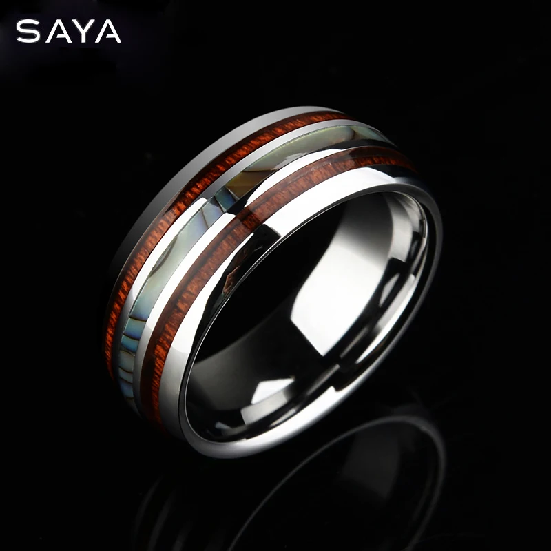 

New Arrival Saya Brand 8MM Tungsten Man's Ring Dome Band Inlay Koa Wood and Two PCS Mother of Pearl for Man's Party Jewelry