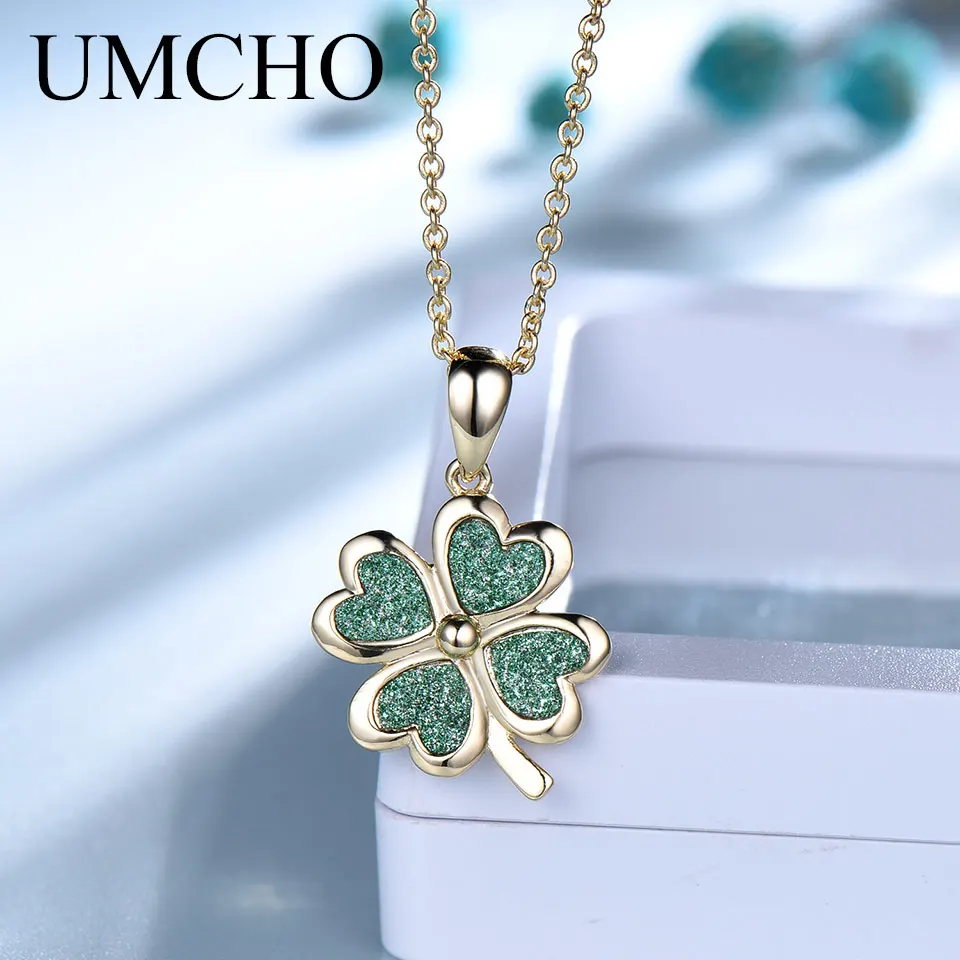 

UMCHO Glitter Green Four-leaf Clover 925 Sterling Silver Necklace Pendants For Women Clothes Match Decoration Fine Jewelry