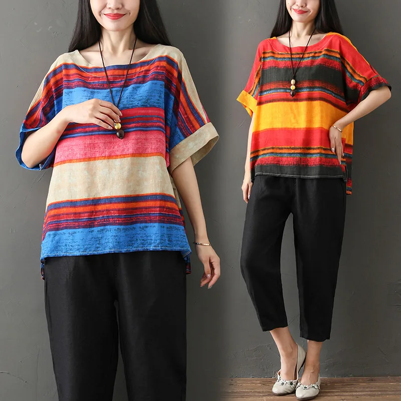 

Photo Shoot 2019 Cotton Linen Set Summer New Style Retro Literature And Art Large Size WOMEN'S Short Sleeve Shirt Harem Pants Tw