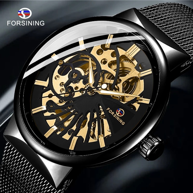 

FORSINING Men's Watch Full Stainless Steel Transparent Automatic Mechanical Watch Skeleton Steampunk Clock Men Relogio Masculino