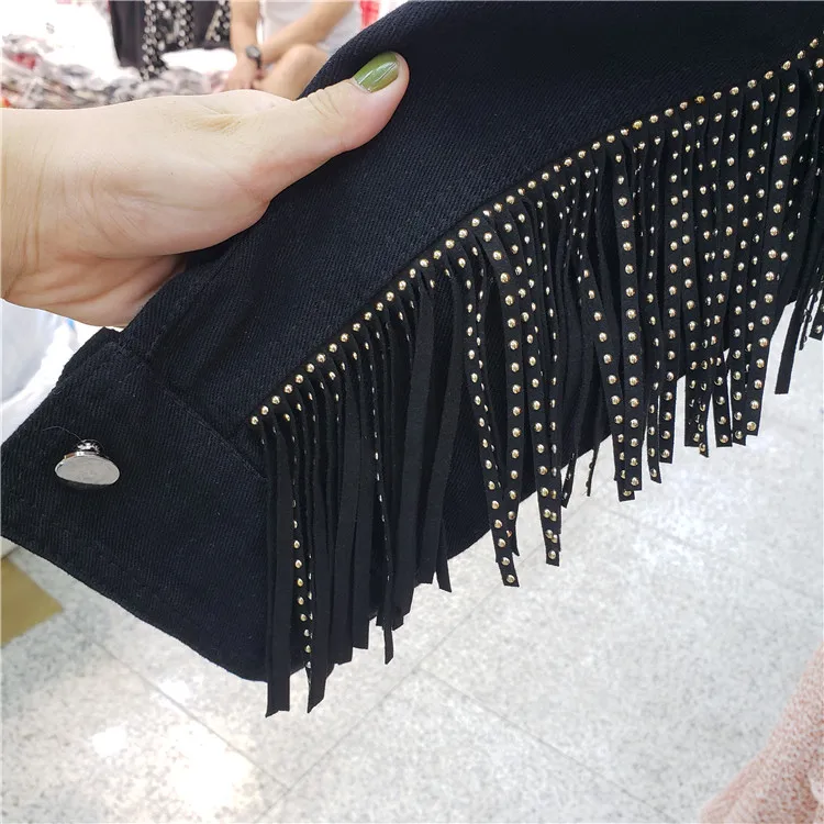 2019 новая сверхмощная черная джинсовая куртка с длинными рукавами и бахромой Женская свободная